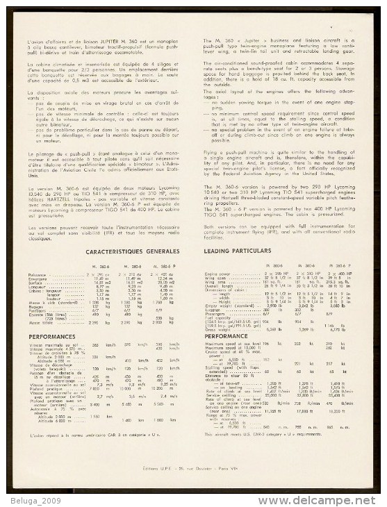 Sud Aviation / Socata M 360-6 P Jupiter - 1960s Fiche Descriptive - Document Rare - Profielen