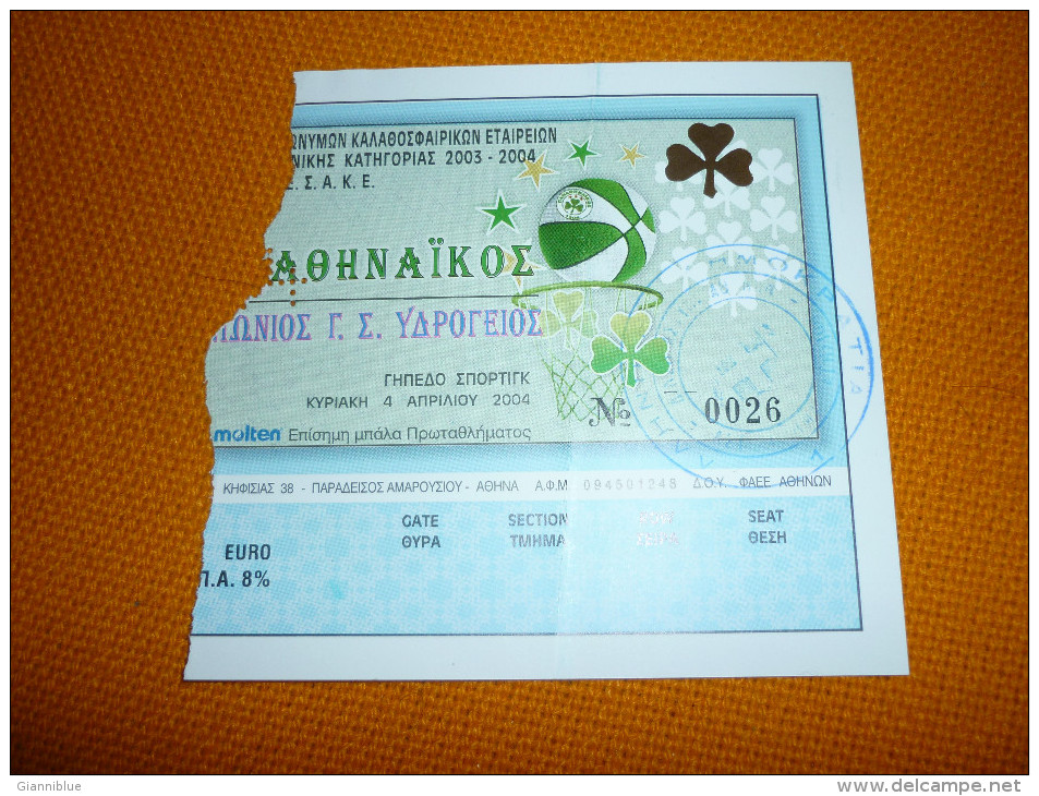 Panathinaikos-Panionios Greek Championship Basketball Ticket 4/4/2004 - Tickets D'entrée