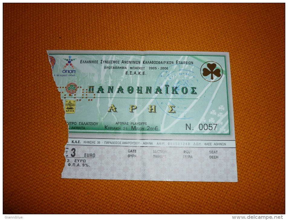 Panathinaikos-Aris Greek Championship Basketball Ticket 21/5/2006 - Tickets D'entrée