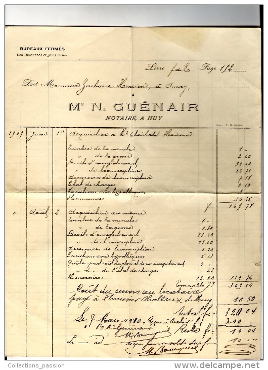 Facture , Maitre N. GUENAIR , Notaire à HUY , Nord , 1909 , Frais Fr : 1.80€ - Other & Unclassified