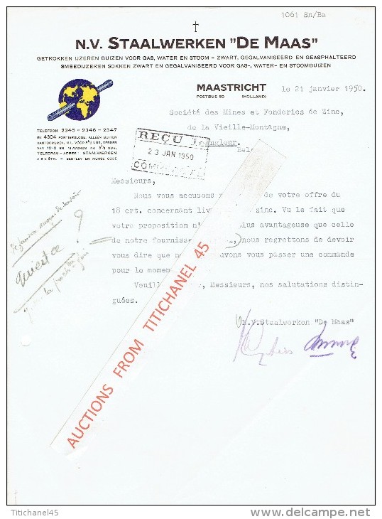 Brief 1950  MAASTRICHT - STAALWERLEN "DE MAAS" - Getrokken Ijzeren Buizen Voor Gas, Water En Stoom.... - Pays-Bas