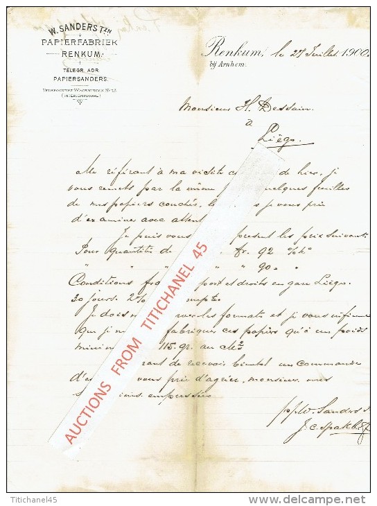 Brief 1900 RENKUM Bij ARNHEM - W. SANDERS Tzn. - Papierfabriek - Pays-Bas