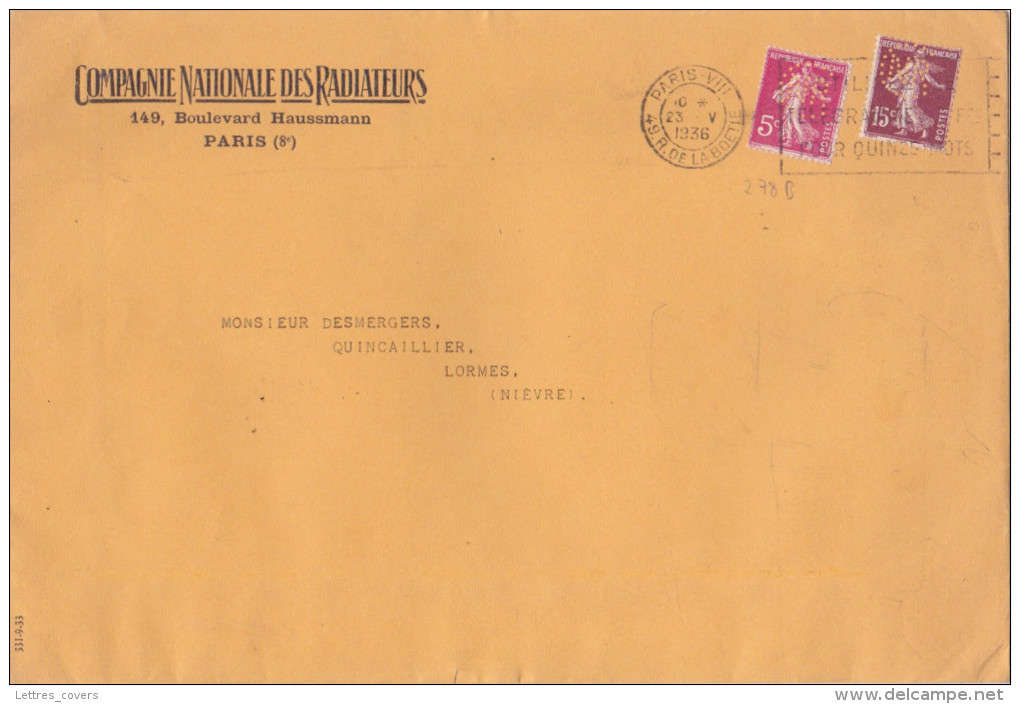 1936 Semeuse N°278B 5c Rose + 15c PERFORÉS "CNR" COMPAGNIE NATIONALE DES RADIATEURS Sur Lettre Imprimée > Lormes. - Storia Postale