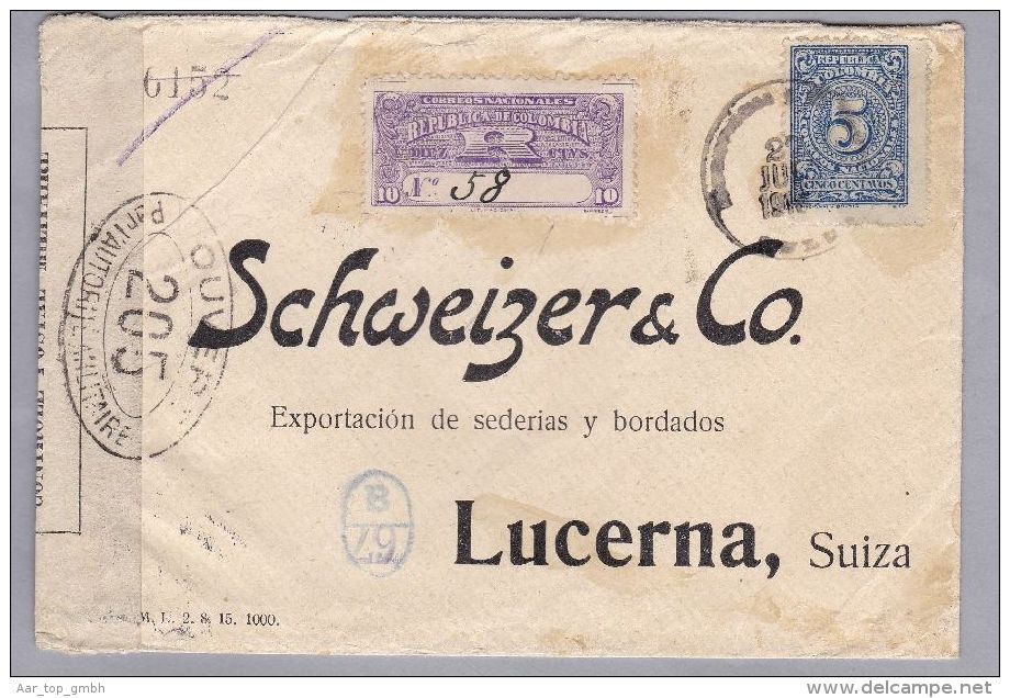 Kolumbien 1916-07-27 R-Zensur-Brief Nach Luzern - Colombie