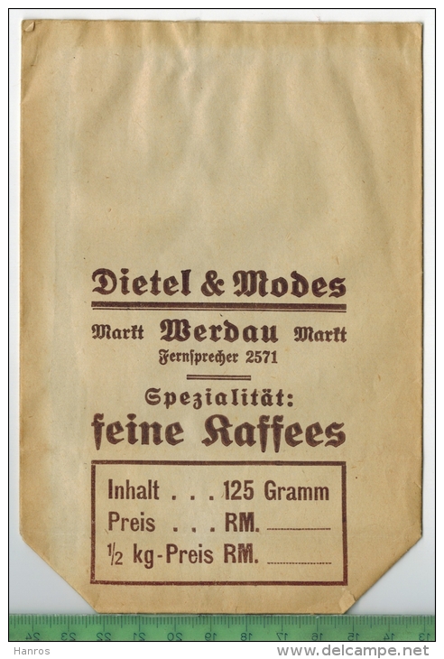 Dimo KaffeeDietel & Modes, Markt Werdau, Fernsprecher 2571 Spezialität: Feine Kaffees, Tüte Gute Erhaltung - Werdau