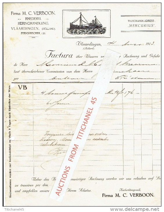 Factuur Geillustreerd 1913 VLAARDINGEN -M.C. VERBOON - Reederij - Heringhandlung - Pays-Bas