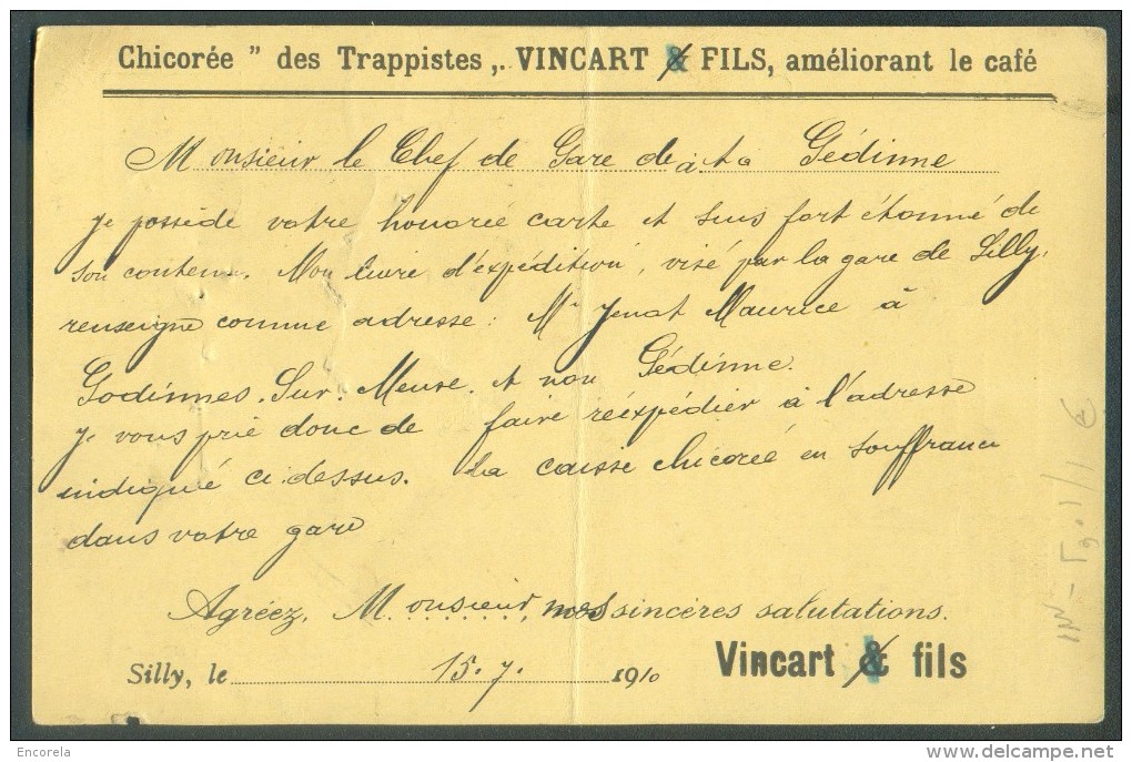 E.P. Carte 5 Centimes Vert Sur Jaune (au Verso : Repiquage Chicorée Des Trappistes VINCART Améliorant Le Café), Obl. Sc - Griffes Linéaires