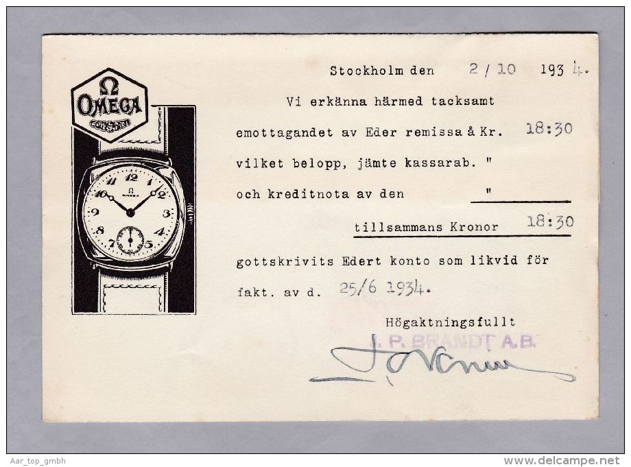 MOTIV UHREN OMEGA 1934-10-02 Stockholm Firmen Freistempel Auf Illustrierter Karte - Horlogerie
