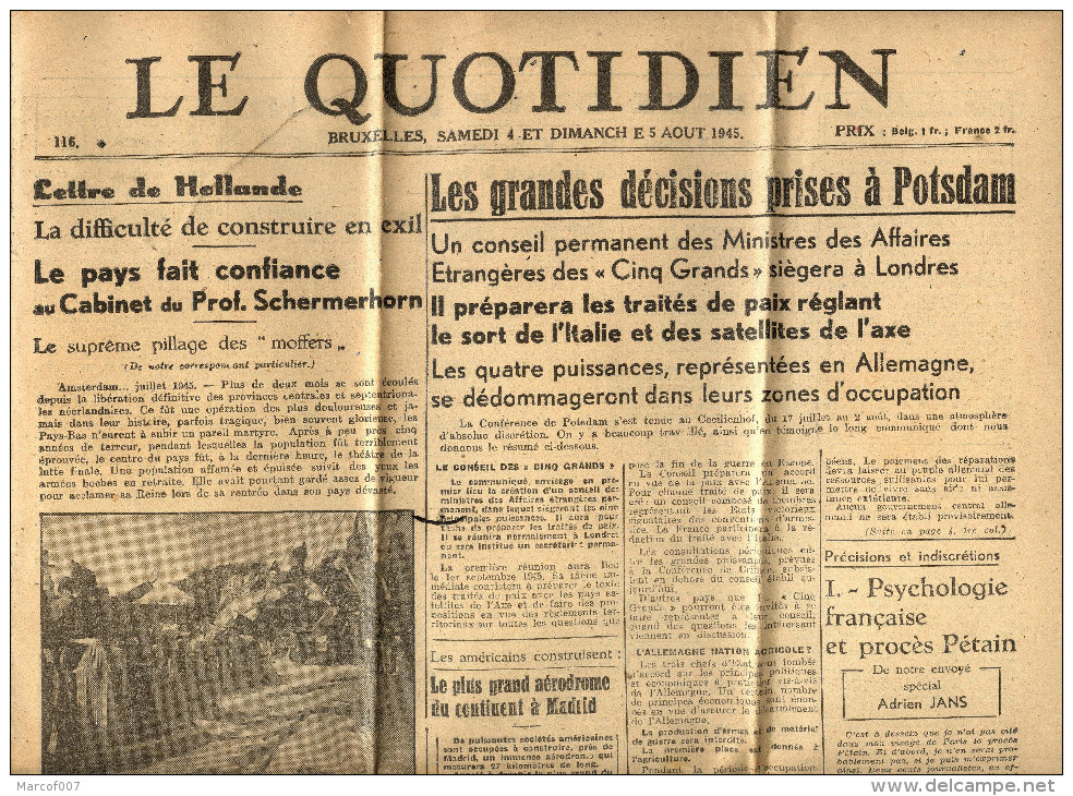 JOURNAL - LE QUOTIDIEN  - BRUXELLES - 4 AOUT 1945  + SON MANCHON AVEC TIMBRE 5 C - Autres & Non Classés