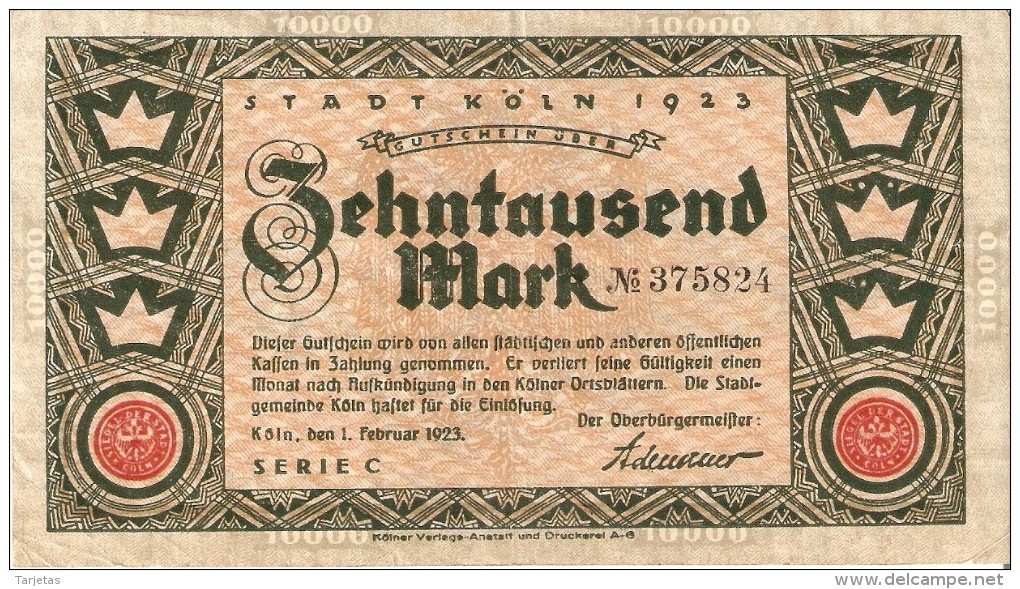 BILLETE DE ALEMANIA DE 10000 MARK DEL AÑO 1923 (BANKNOTE) STADT KÖLN - 10000 Mark