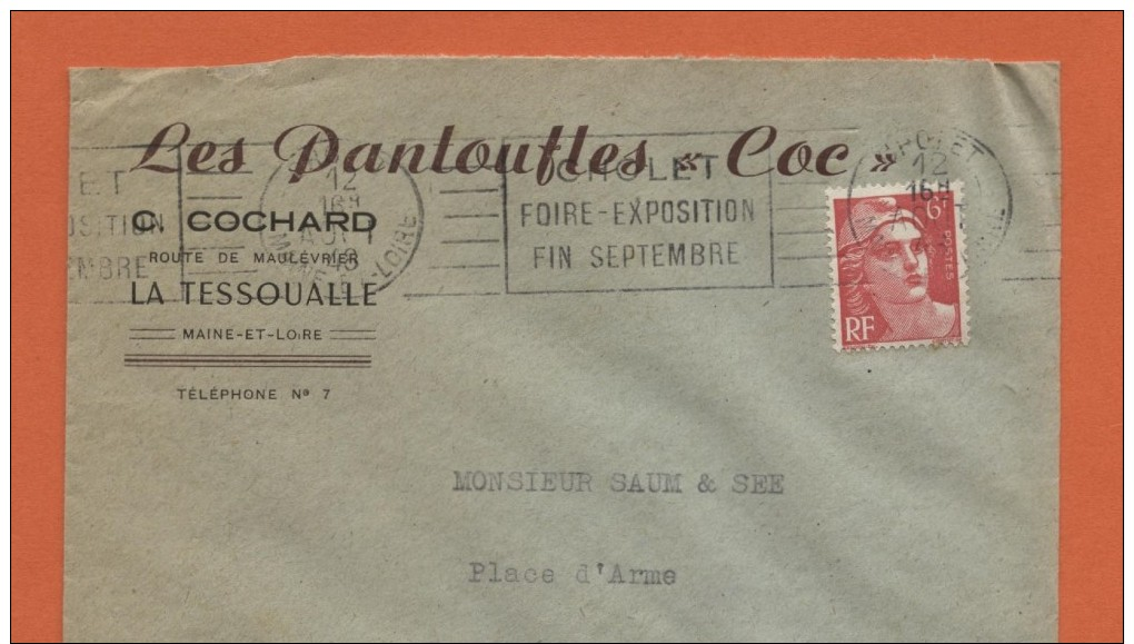 Cholet 12..8.48  Entête: Les Pantoufles "Coc" C.Cochard La Tessoualle - Oblitérations Mécaniques (flammes)
