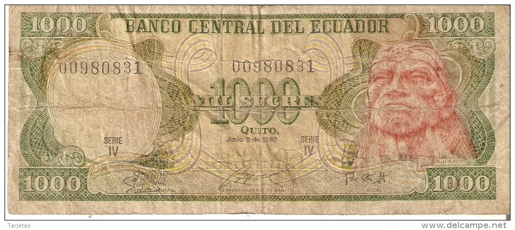 BILLETE DE ECUADOR DE 1000 SUCRES DEL AÑO 1988 (BANKNOTE) - Ecuador
