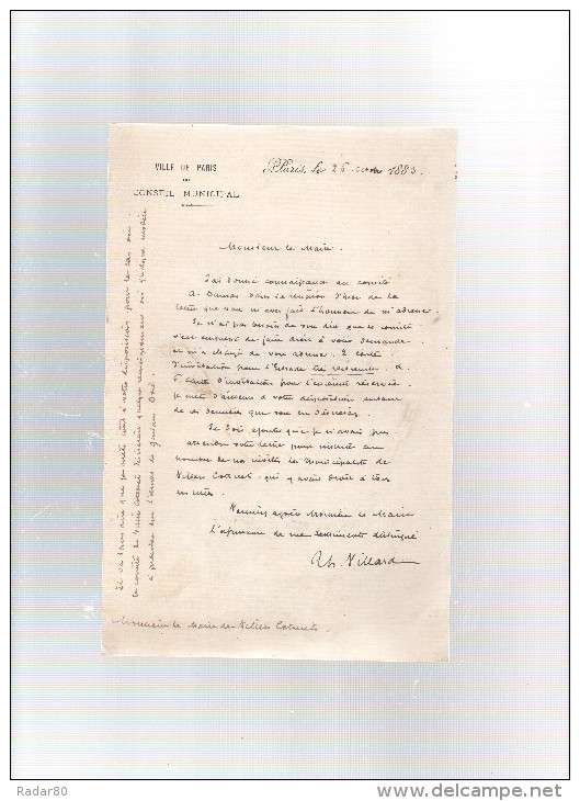 Une Lettre De La Ville De Paris Et Un Télégramme.érection D´une Statue D´alexandre DUMAS,en 1884.à VILLERS-COTTERETS. - Documents Historiques