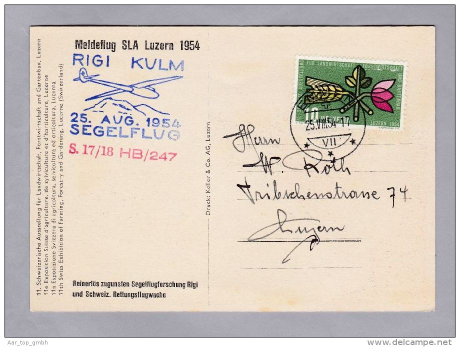 Schweiz Flugpost Littau 1954-08-25 EMMEN Meldeflug SLA Luzern Rigi Kulm 25.8.1945 Segelflug S.17/18  HB/247 - First Flight Covers