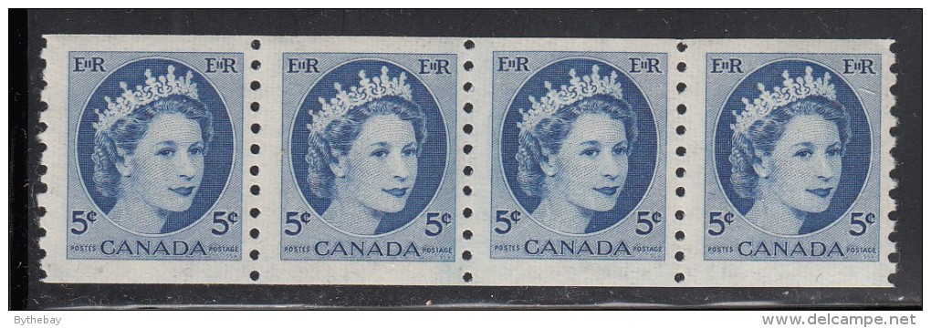 Canada MNH Scott #348i Jump Strip Of 4 5c Queen Elizabeth II, Wilding - Right Stamp Creased - Coil Stamps