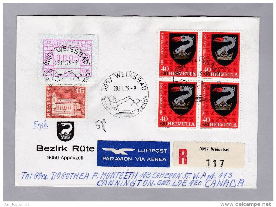 Schweiz Automatenmarken 1979-11-28 Weissbad R-Brief Mit  Zu# 1 IV "A4" Nach Canada - Timbres D'automates