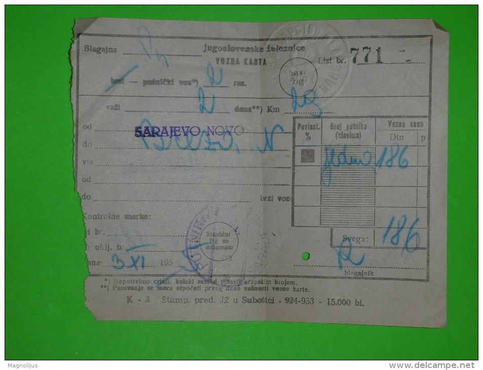 Railway,train Ticket,one Way Passenger Voucher,traveler Pass,Novo Sarajevo-Breza Line,Yugoslavia,Bosnia Trafic - Europa