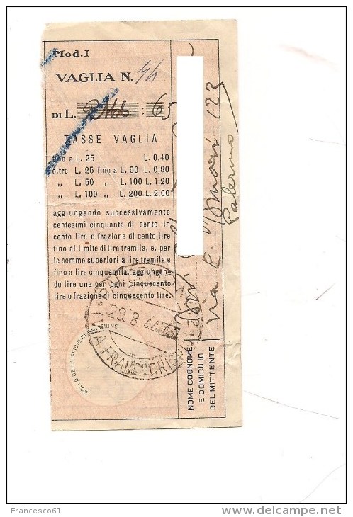 $3-3582 1944 AMGOT ALLYED SICILIA PALERMO RICVEUTA VAGLIA. - Occ. Anglo-américaine: Sicile