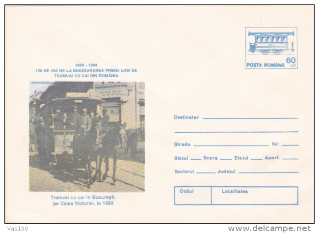 TRAMWAYS, TRAM WITH HORSES IN BUCHAREST, 1994, COVER STATIONERY, ROMANIA - Tramways