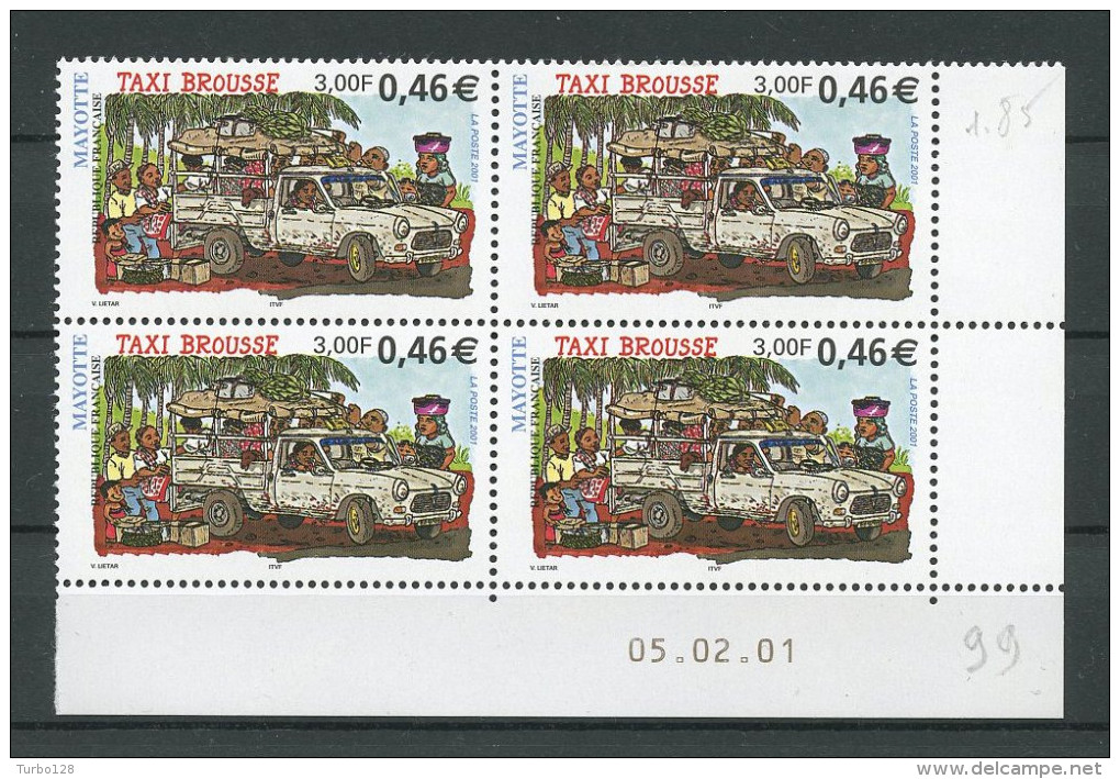 MAYOTTE 2001 N° 99 ** Bloc De 4 Coin Daté  Neufs = MNH Superbe Taxi Brousse Voitures Car Transports - Unused Stamps