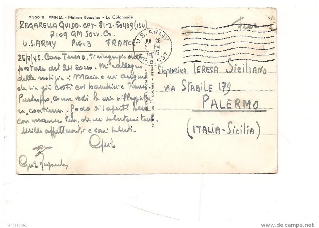 $3-3607 1945 Usa Army Apo 537 Card To Italy France. - Otros & Sin Clasificación