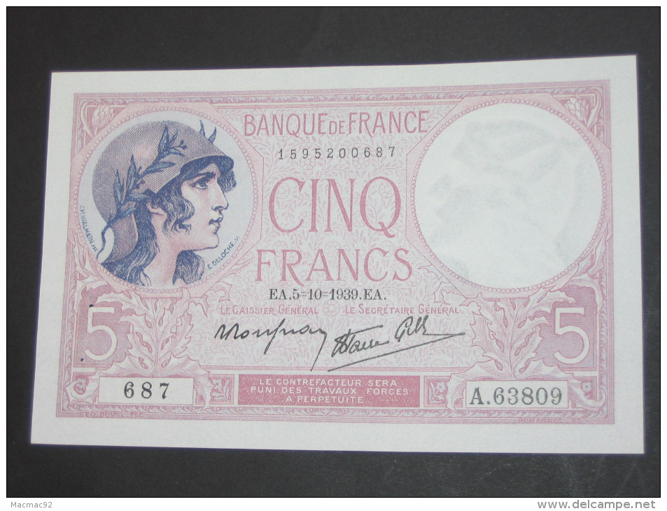 5 Francs - Cinq Francs Violet  5=10=1939  ** ETAT SPL **  **** EN ACHAT IMMEDIAT **** - 5 F 1917-1940 ''Violet''