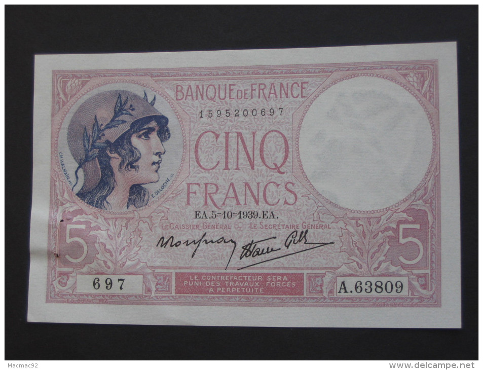 5 Francs - Cinq Francs Violet  5=10=1939  ** ETAT SPL - **  **** EN ACHAT IMMEDIAT **** - 5 F 1917-1940 ''Violet''