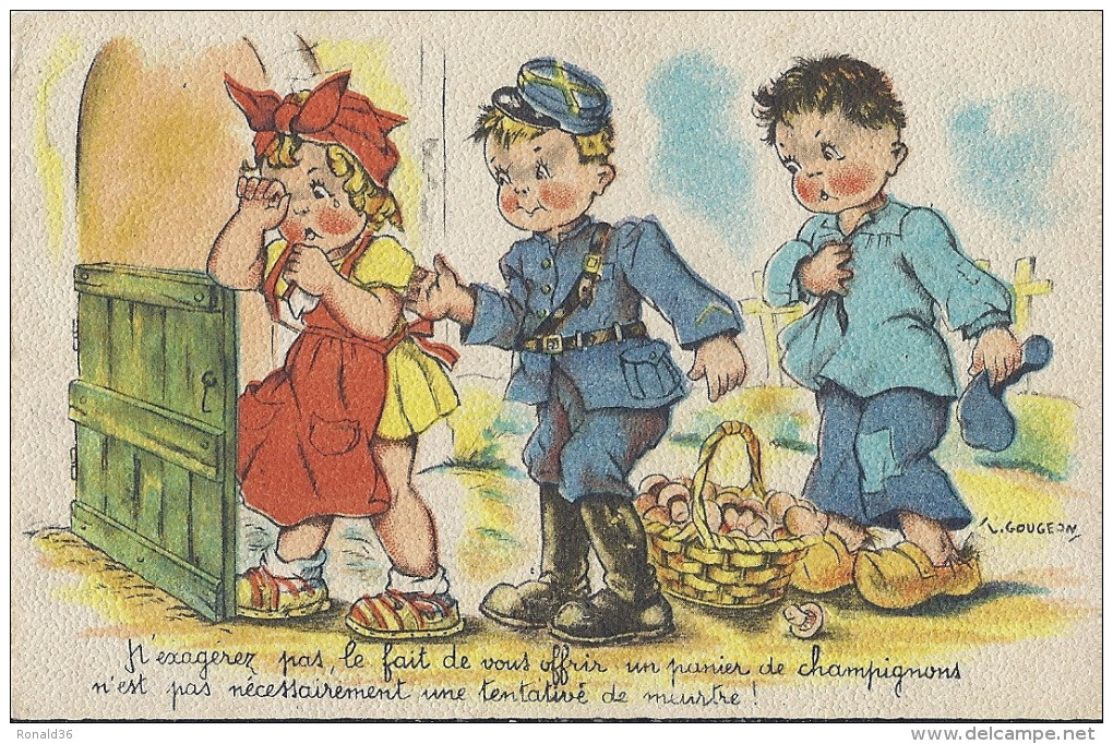 Cp ILLUSTRATEUR Illustration De GOUJEON Meurtre Et Champignons ( Crime Habitation Enfant Gendarme Militaire  ) - Gougeon