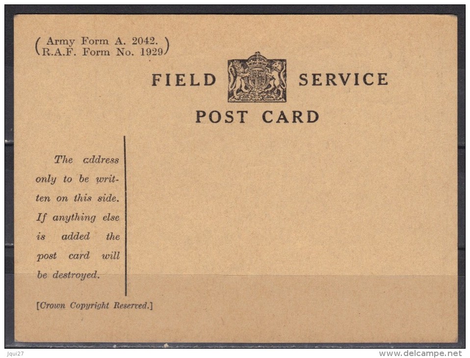 Grande-Bretagne Service Field Service Post Card R.A.F. Form N° 1929 - Service