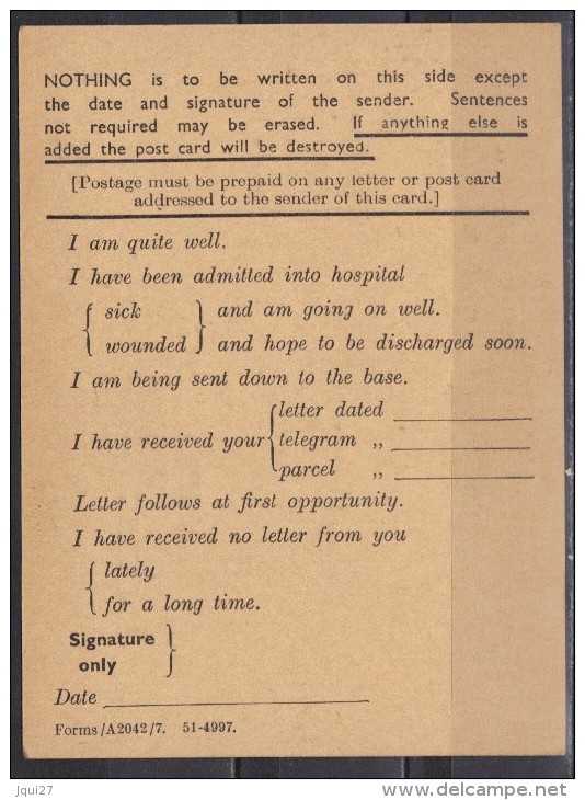 Grande-Bretagne Service Field Service Post Card R.A.F. Form N° 1929 - Servizio