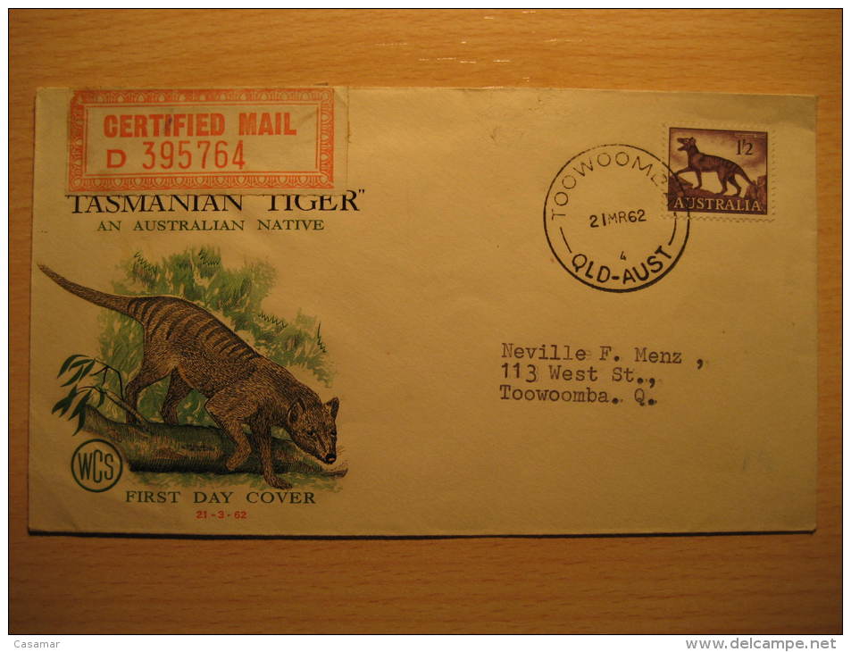 Toowoomba 1962 Tasmania Tiger Certified Mail Label Fdc Australie Australia - FDC