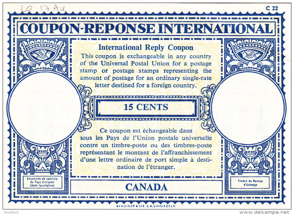 Coupon Réponse Canada - 15 Cents - C 22 - Buoni Risposta Internazionali (Coupon)