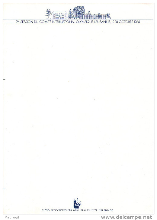 SWITZERLAND 1986 - 91st I.O.C. SESSION - BLANK SHEET OF PAPER OF THE ORGANIZING COMMITTEE - Andere & Zonder Classificatie