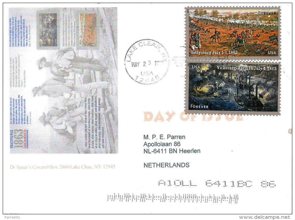 USA 2013 Lake Clear Gettysburg Vicksburg Battle Independence FDC Cover - Indépendance USA