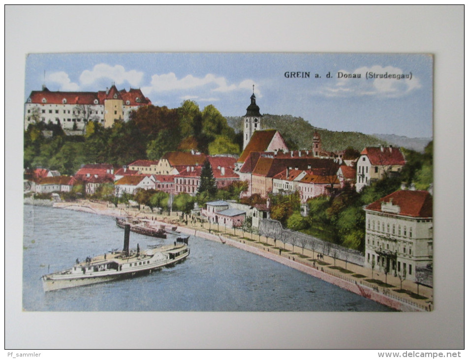 AK / Bildpostkarte 1918 Grein A. D. Donau (Strudengau) Verlag Von J. M. Hiebl, Papierhandlung Dampfschiff - Grein