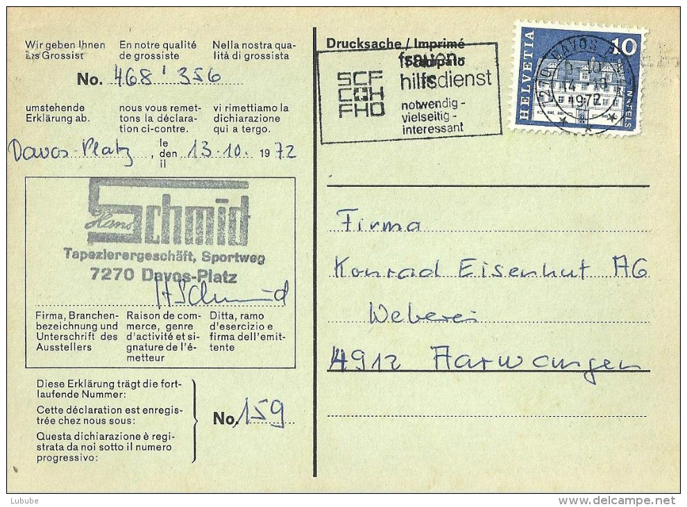 Grossisten Karte  "Schmid, Tapezierer, Davos"          1972 - Brieven En Documenten