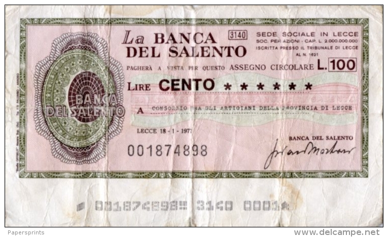 Cartamoneta 100 LIRE BANCA DEL SALENTO 1977 (Consorzio Artigiani Provincia Di Lecce) - G26 - [10] Assegni E Miniassegni