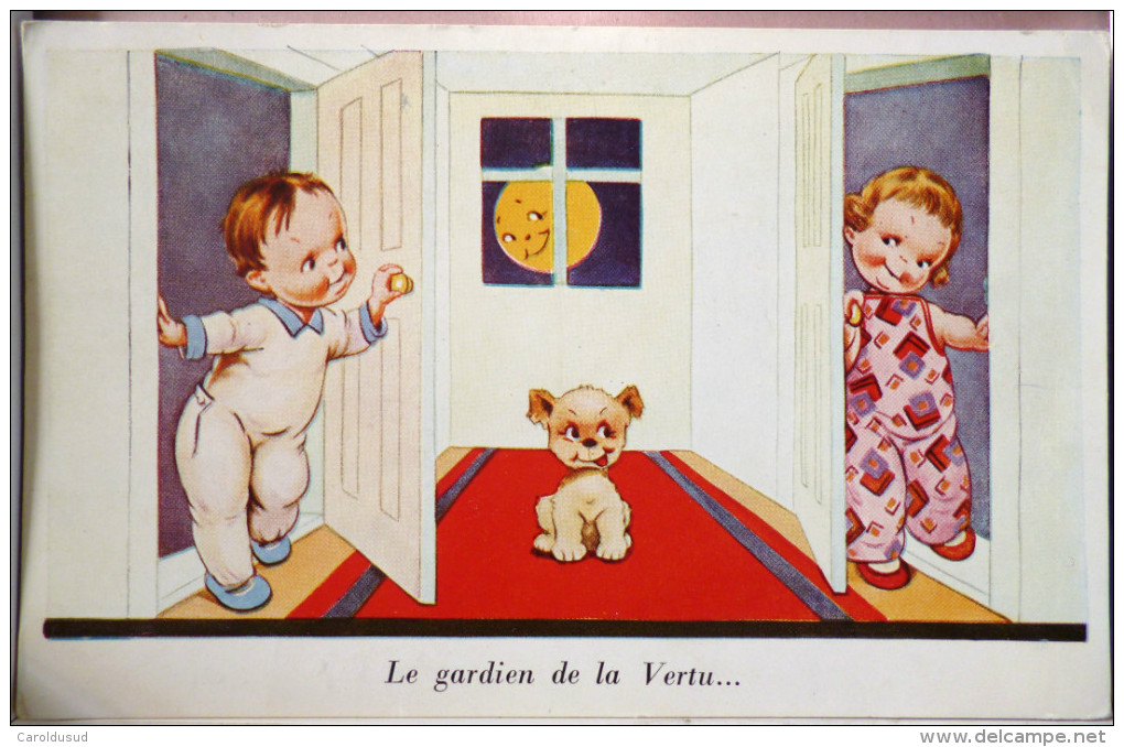 Cp Litho Illustrateur CEKO Willi Scheuermann GARDIEN DE VERTU Chien Entre Deux Chambres Couple Enfant Lune Humanisé - Scheuermann, Willi