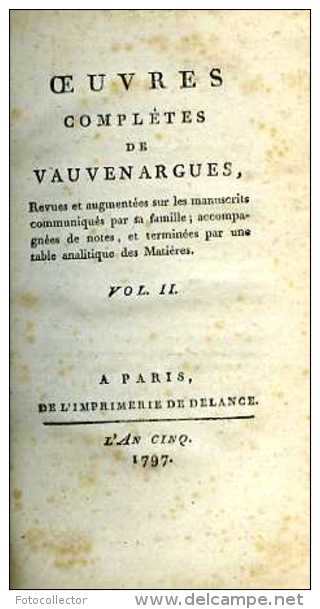 Oeuvres Par Vauvenargues Volume 2 Seul édition 1797 - 1701-1800