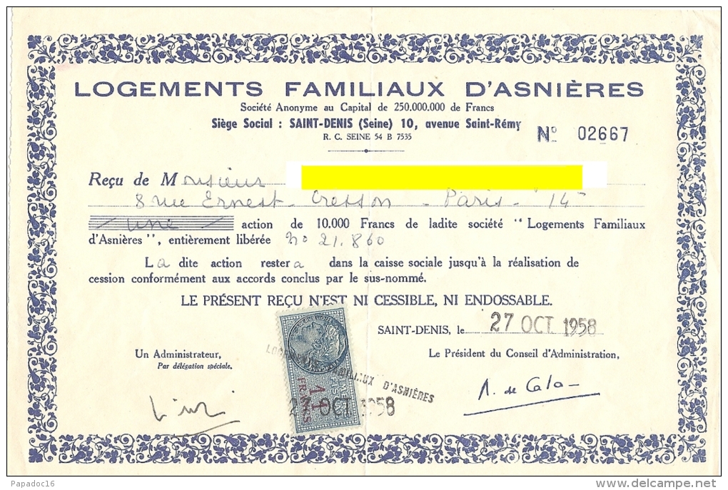 Action : Logements Familiaux D´Asnières - Une Action De 10.000 Franvs - 1958 [timbre Fiscal à 11 Francs] - J - L