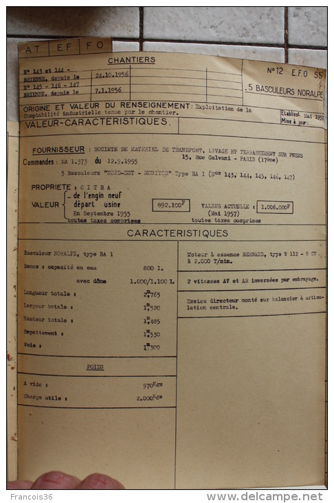 Fiche Technique CITRA Avec Photo Et Plan Et Descriptif D'un Basuleur NORAPLE En 1956 à Brienne - Tools