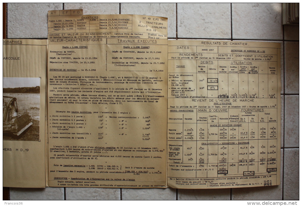 Fiche Technique CITRA D'un TRACTEUR ALLIS CHALMERS H.D 19 - Entreprise De Marcoule 1958 - Tools