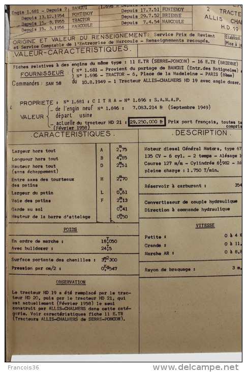 Fiche Technique CITRA D'un TRACTEUR ALLIS CHALMERS H.D 19 - Entreprise De Marcoule 1958 - Tools