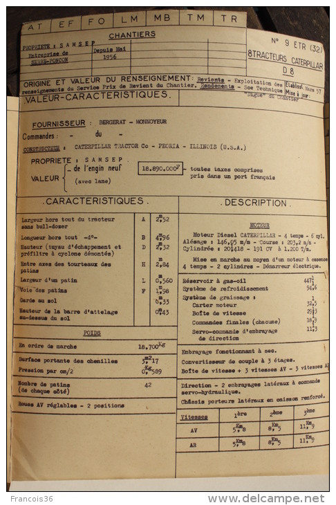 Fiche Technique CITRA D'un TRACTEUR CATERPILLAR D 8 - Entreprise De Serre Poncon 1956 - Machines