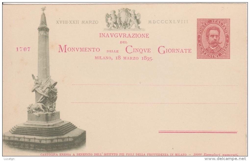 Inaugurazione Del Monumento Delle 5 Giornate Di Milano- 18 Marzo 1895 - Inaugurations