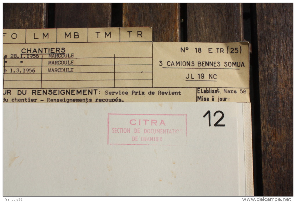 Fiche Technique CITRA D'un CAMION BENNE SOMUA JL 19 NC Avec Benne MARREL  - Entreprise De Marcoule 1956 - Machines