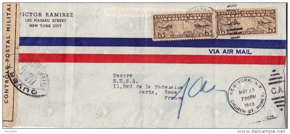 ETATS UNIS - DEVANT DE LETTRE AFFRANCHIE POSTE AERIENNE N° 8 - OBLITERATION CONTROLE POSTALE MILITAIRE -1940 - Autres - Amérique