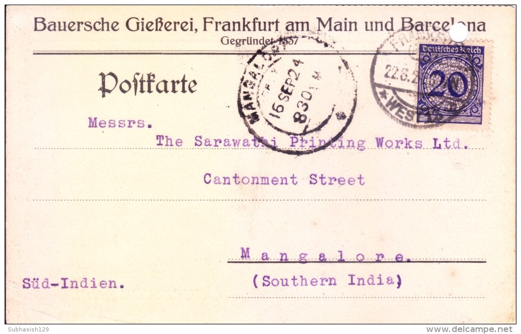 Germany 1924 Used Post Card Posted From Frunkfurt West 13 To Mangalore, India - Covers & Documents