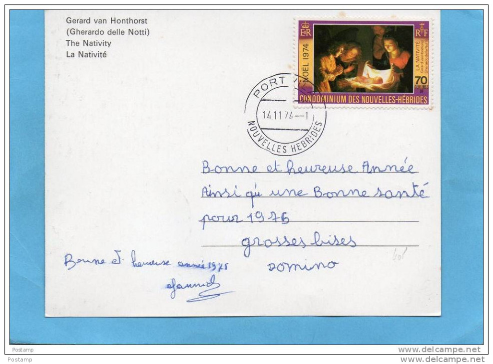 MARCOPHILIE-cpa NOUVELLES HEBRIDES -timbre  N°401- Noel 1974-la Nativité -postée  Port Villa Dest Françe - Cartas & Documentos