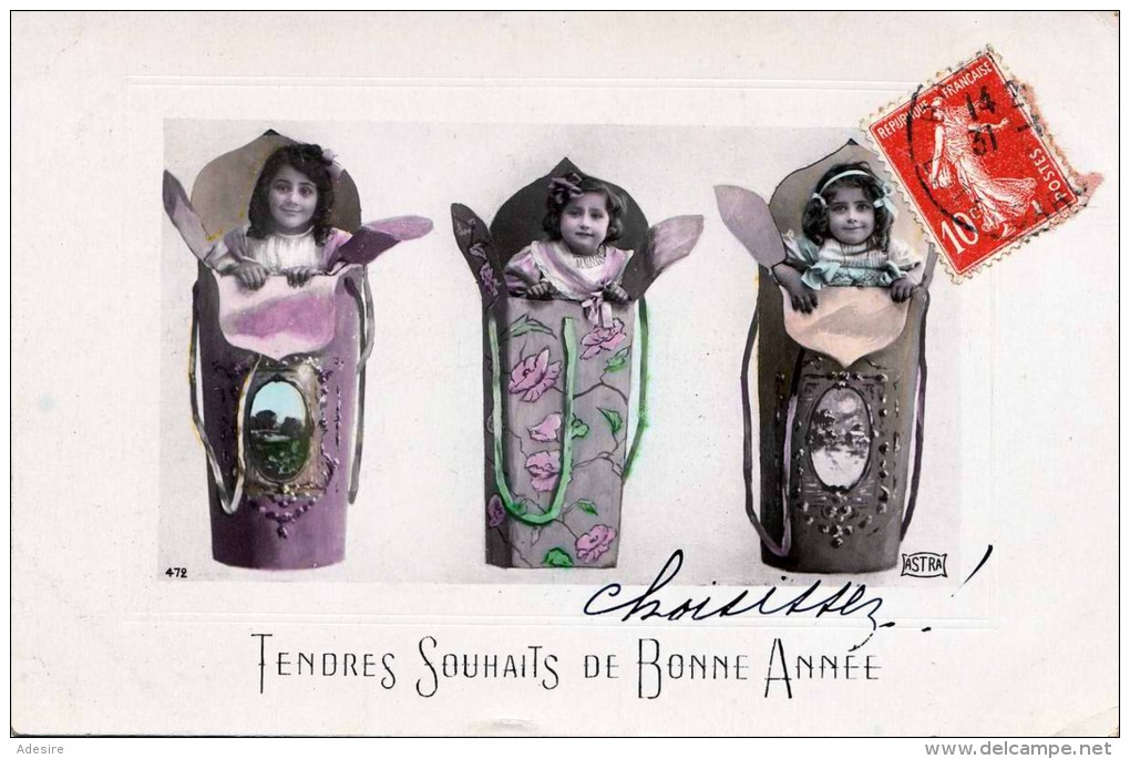 TENDRES SOUHAITS DE BONNE ANNEE, 3 Hübsche Mädchen, Gel.1909 - Humorous Cards